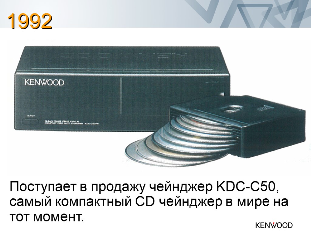 Поступает в продажу чейнджер KDC-C50, самый компактный CD чейнджер в мире на тот момент.